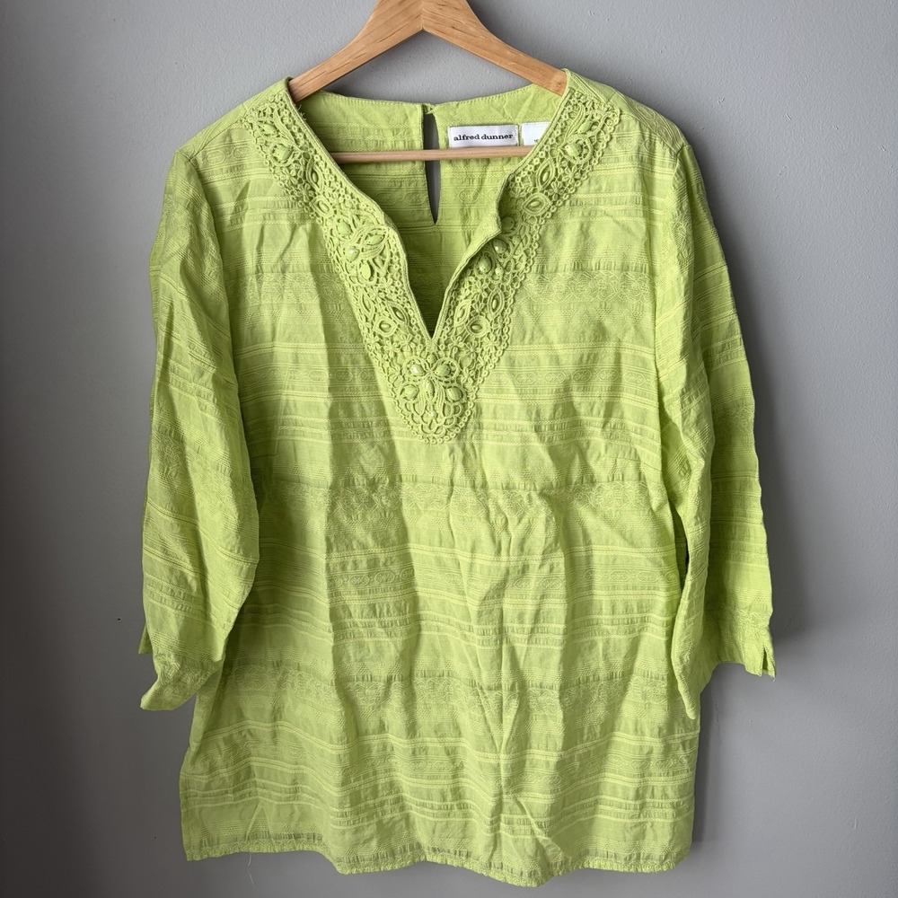Alfred Dunner Size 16W‎ Lime Green Pullover 3/4 Sleeve Blouse Womens